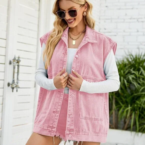Women's Oversized Denim Vest Mid Long Sleeveless Jacket Plus Size Casual